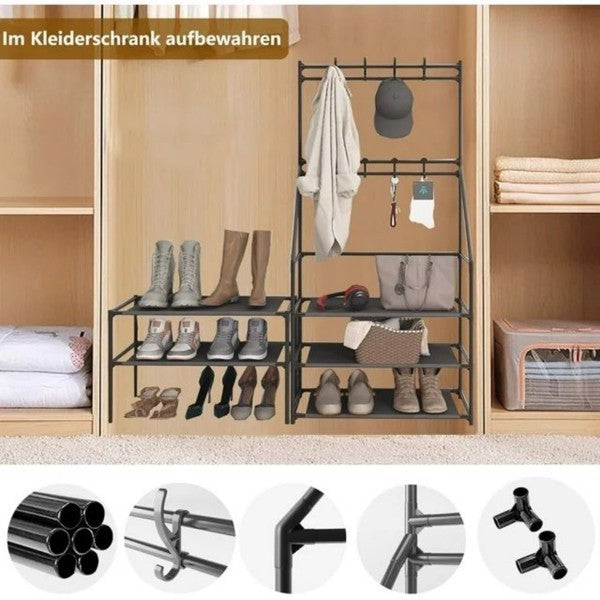 5-Tier Shoe Rack with 8 Hooks - Multifunctional Entryway Storage Rack for Coats & Shoes