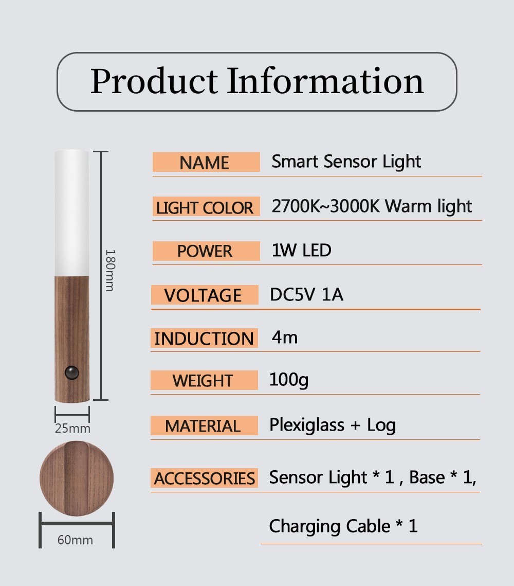 Auto LED USB Magnetic Wireless Night Light - PIR Motion Sensor Wall Lamp for Home