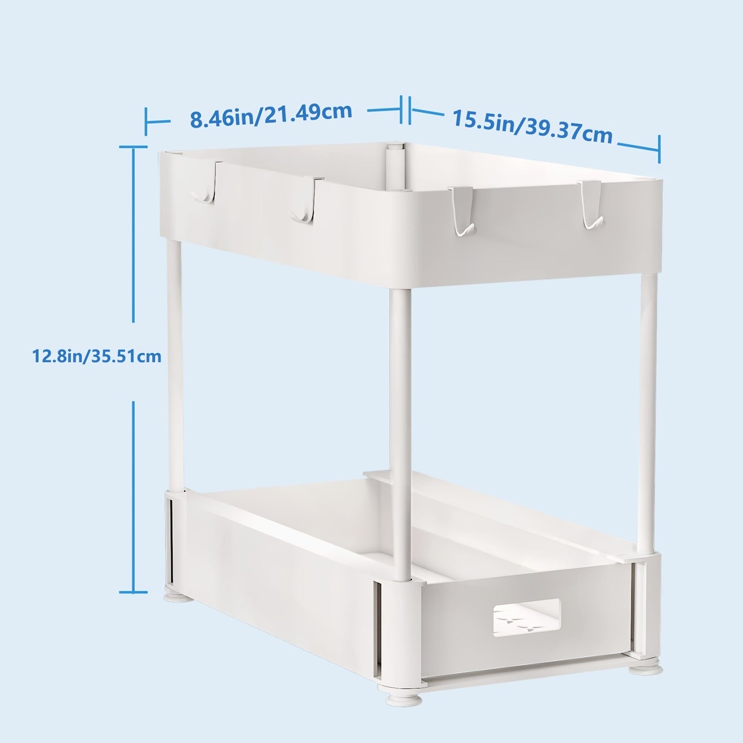 2PC Under Sink Organizer Rack - 2-Tier Sliding Cabinet Basket with Hooks