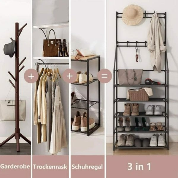 5-Tier Shoe Rack with 8 Hooks - Multifunctional Entryway Storage Rack for Coats & Shoes