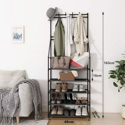 5-Tier Shoe Rack with 8 Hooks - Multifunctional Entryway Storage Rack for Coats & Shoes