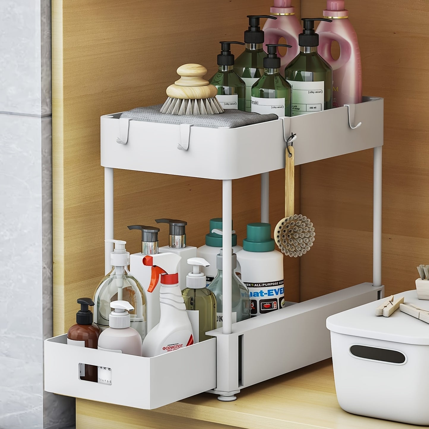 2PC Under Sink Organizer Rack - 2-Tier Sliding Cabinet Basket with Hooks