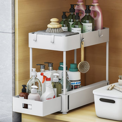 2PC Under Sink Organizer Rack - 2-Tier Sliding Cabinet Basket with Hooks