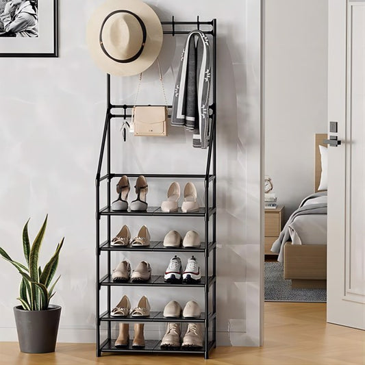 5-Tier Shoe Rack with 8 Hooks - Multifunctional Entryway Storage Rack for Coats & Shoes