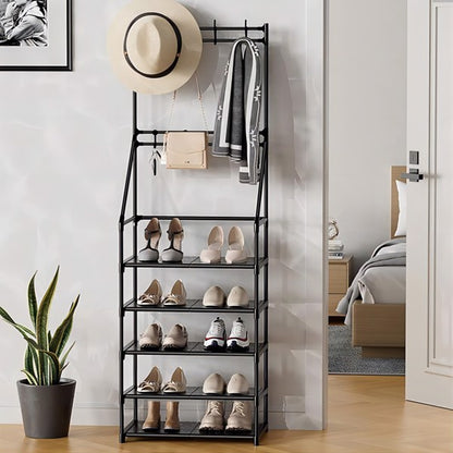 5-Tier Shoe Rack with 8 Hooks - Multifunctional Entryway Storage Rack for Coats & Shoes