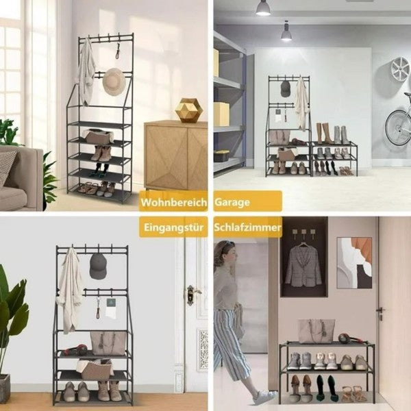 5-Tier Shoe Rack with 8 Hooks - Multifunctional Entryway Storage Rack for Coats & Shoes