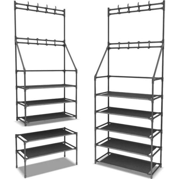 5-Tier Shoe Rack with 8 Hooks - Multifunctional Entryway Storage Rack for Coats & Shoes