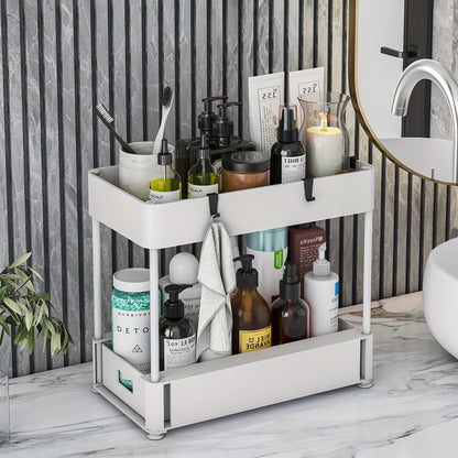 2PC Under Sink Organizer Rack - 2-Tier Sliding Cabinet Basket with Hooks