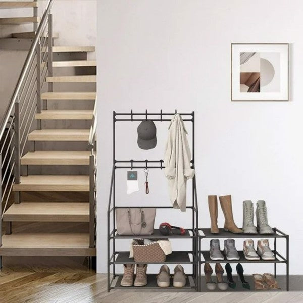 5-Tier Shoe Rack with 8 Hooks - Multifunctional Entryway Storage Rack for Coats & Shoes