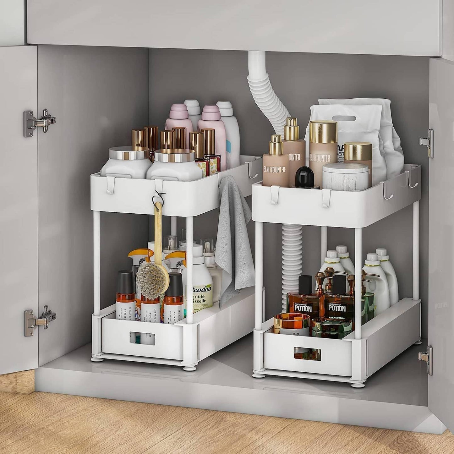 2PC Under Sink Organizer Rack - 2-Tier Sliding Cabinet Basket with Hooks